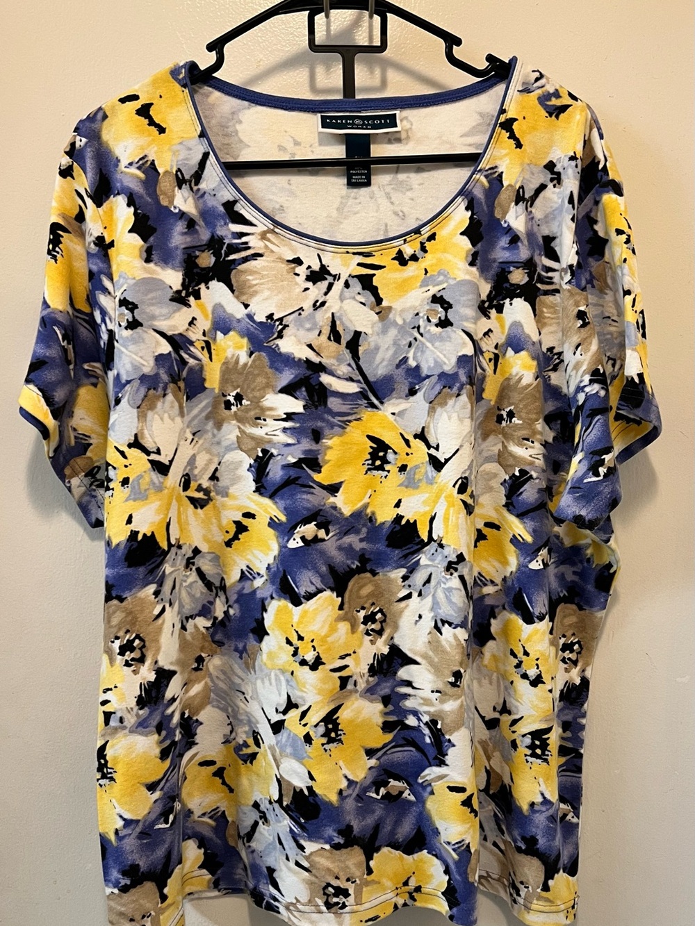 Karen Scott Yellow Blue Tan Floral Scoop Neck Blouse
